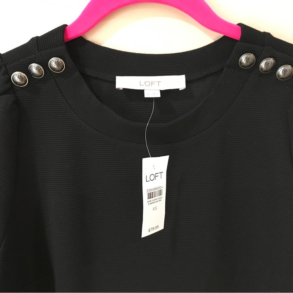 Loft button shoulder shift dress long sleeve black size 2 new - Picture 6 of 7